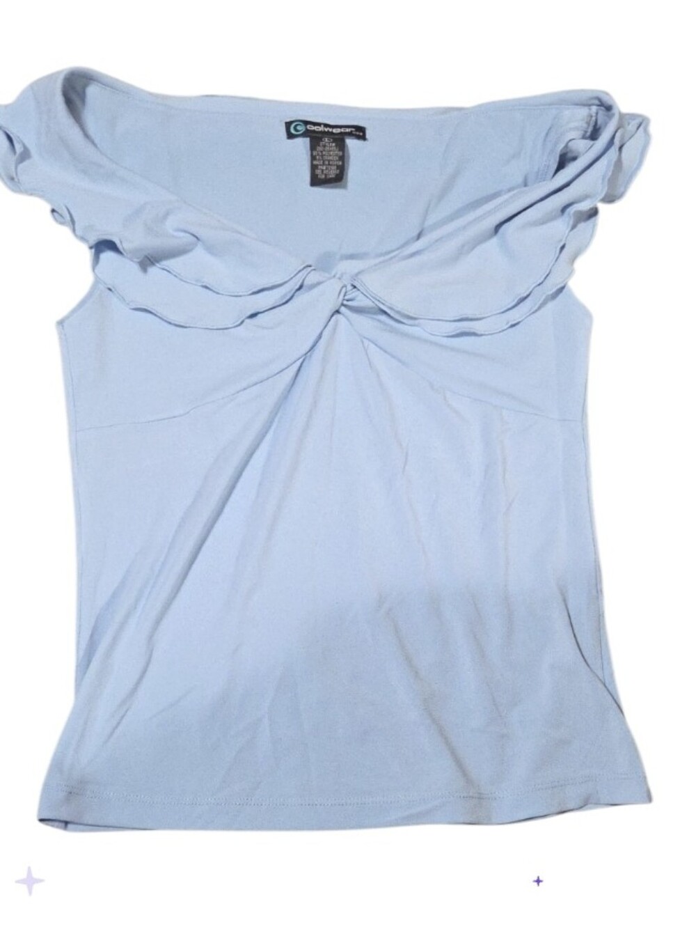 Vtg Jrs Lg Light Blue Ruffle-Trim Women's Top 90s
